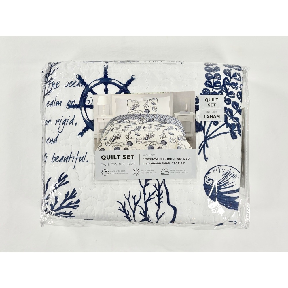 New Great Bay Home Catalina Coastal Quilt Set Twin/Twin XL Reversible Navy Blue